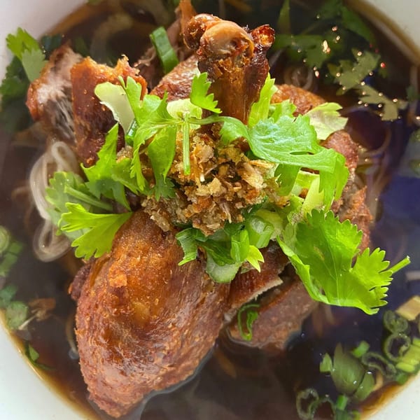 Close-up of Thai duck noodle soup with crispy duck, cilantro, and fried garlic.